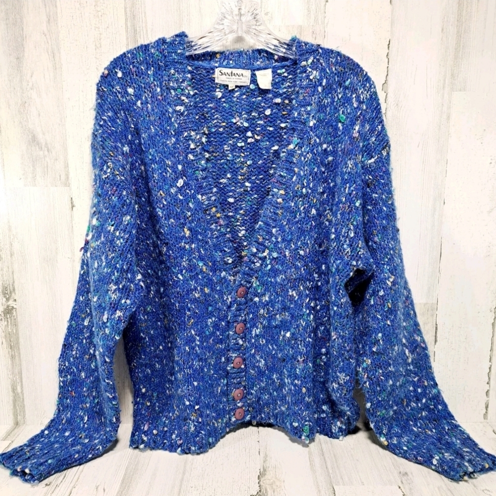 Santana Novelty Sweater Cardigan Blue Speckle Wool Blend Chunky Grandma …